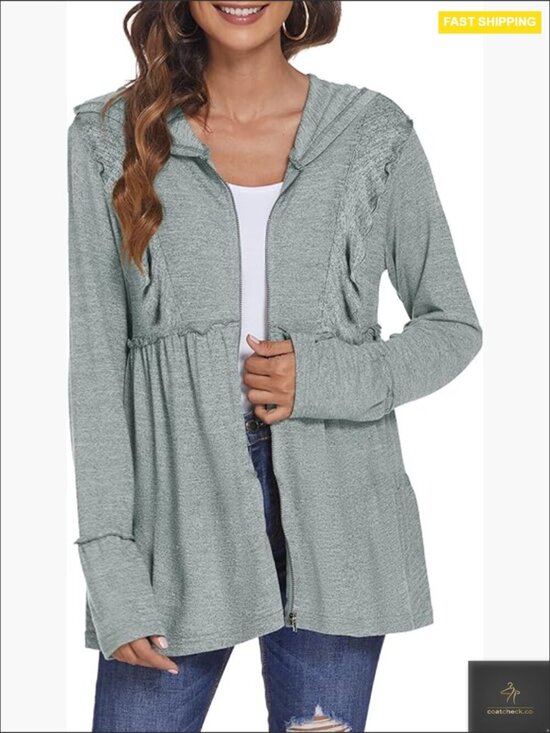 Jackets & Blazers - Pleated Tiered Zip Up Hoodie Women Casual Lightweight Long Sleeve Jacket
